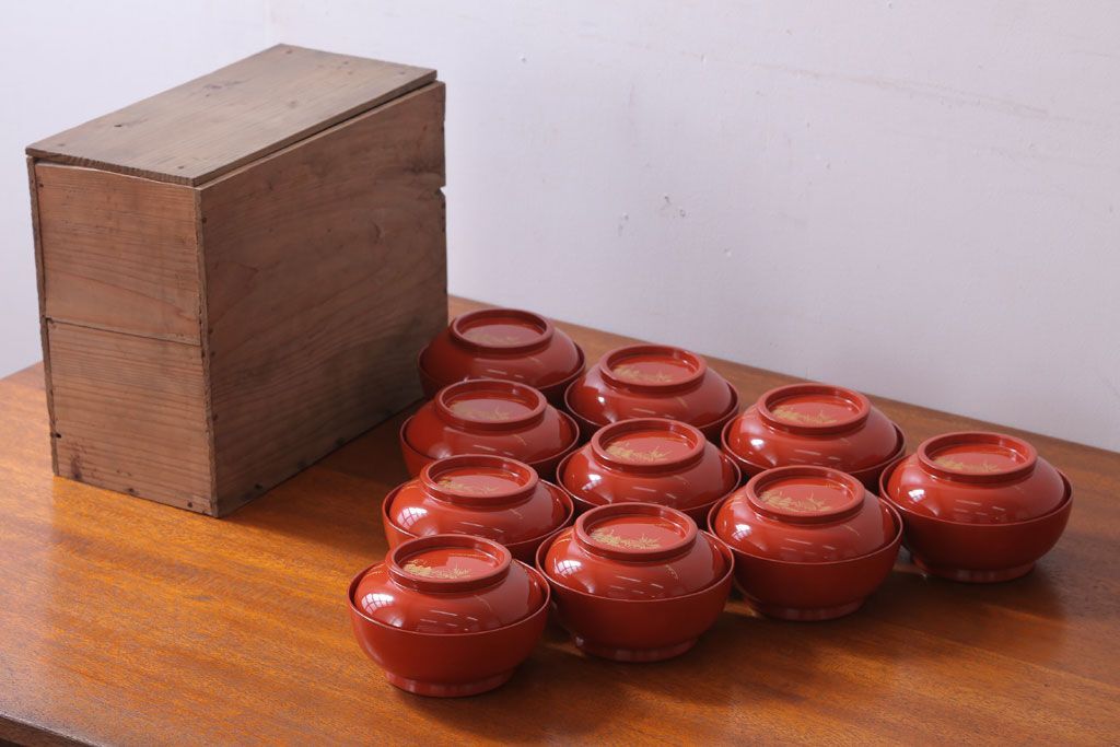 アンティーク雑貨　アンティーク　昭和初期!木製沈金蒔絵椀10客