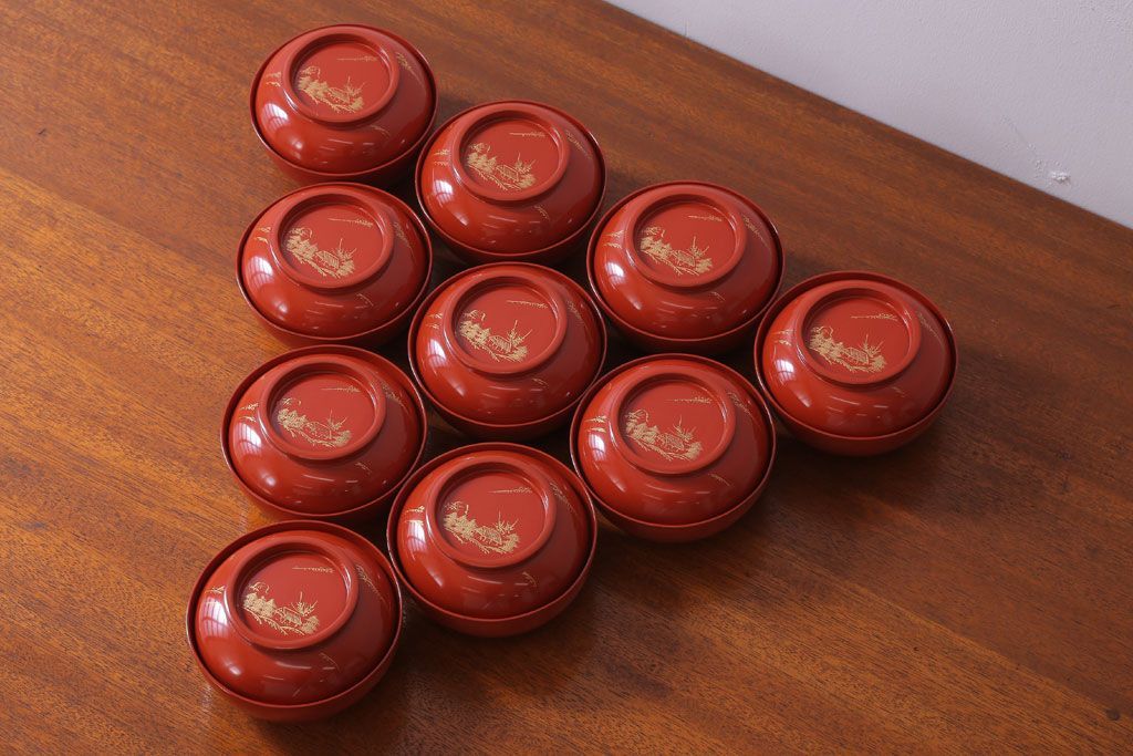 アンティーク雑貨　アンティーク　昭和初期!木製沈金蒔絵椀10客