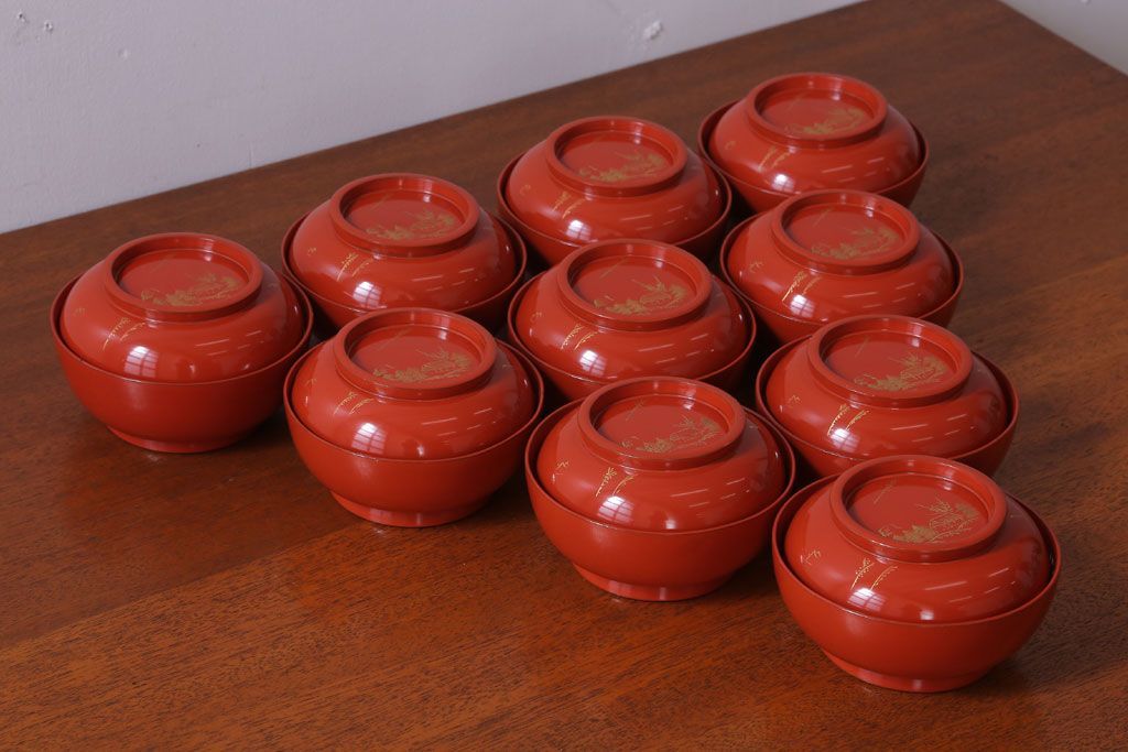 アンティーク雑貨　アンティーク　昭和初期!木製沈金蒔絵椀10客