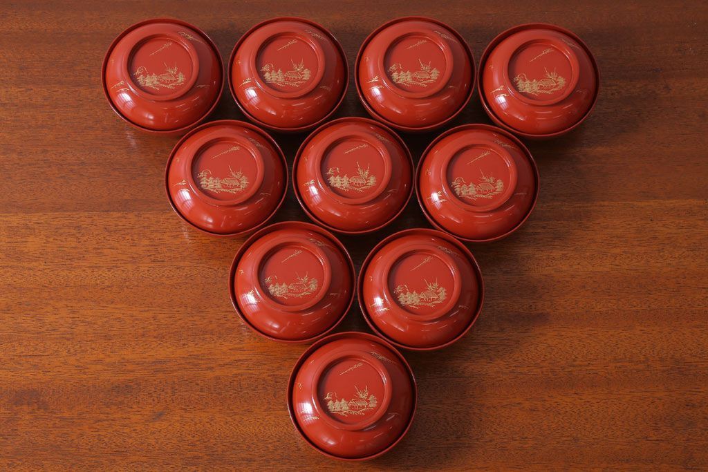 アンティーク雑貨　アンティーク　昭和初期!木製沈金蒔絵椀10客