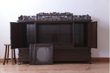 中古　民芸家具　最高級!彫刻が素晴らしい唐木サイドボード(収納棚)
