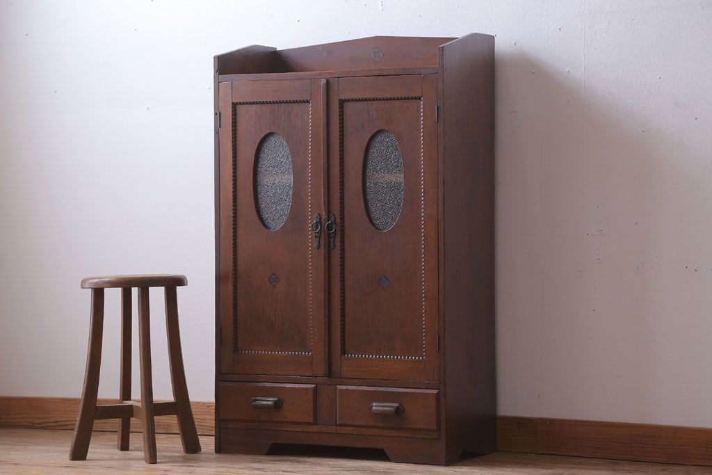 アンティーク家具　和製アンティーク　丸窓がおしゃれな古い木製の本箱(ブックケース)