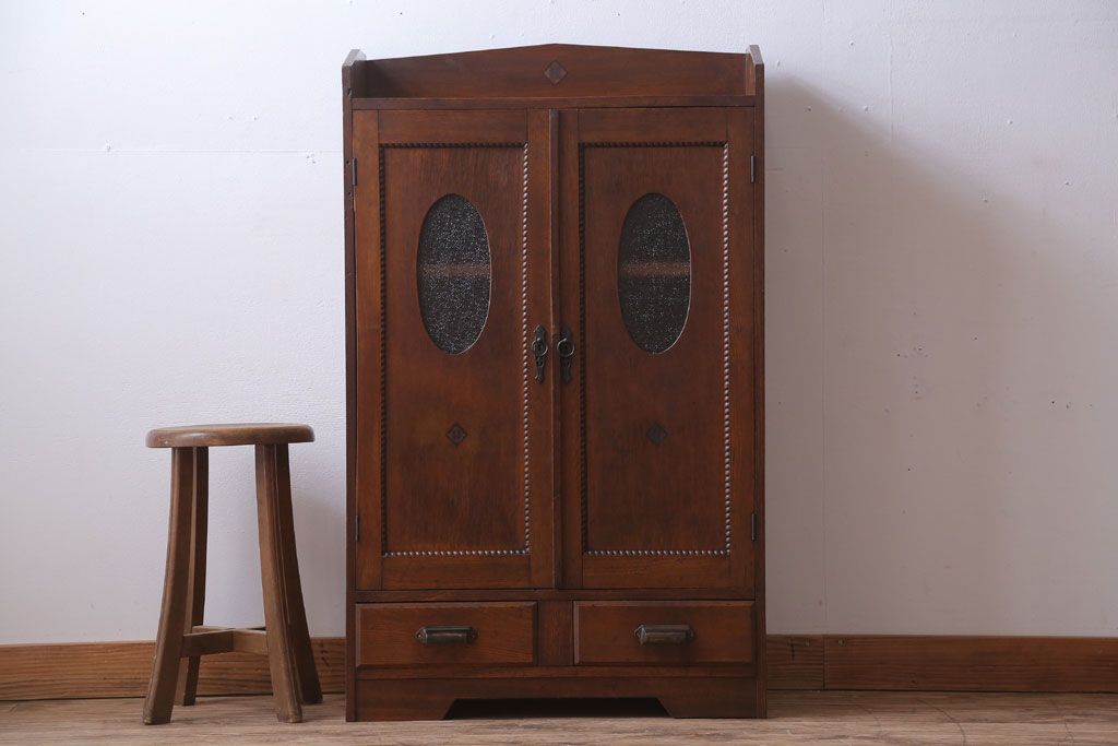 アンティーク家具　和製アンティーク　丸窓がおしゃれな古い木製の本箱(ブックケース)