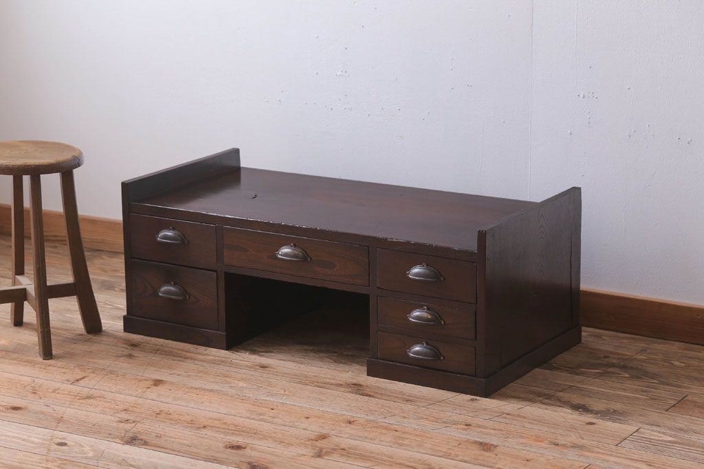 アンティーク家具　古民具・骨董　明治〜大正期　総欅材のアンティーク座机(両袖机)