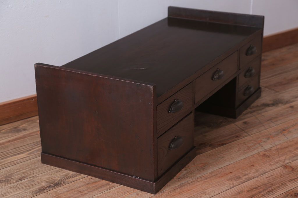 アンティーク家具　古民具・骨董　明治〜大正期　総欅材のアンティーク座机(両袖机)