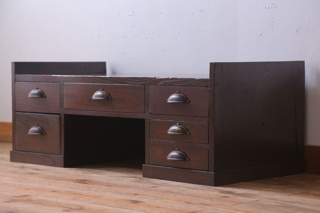 アンティーク家具　古民具・骨董　明治〜大正期　総欅材のアンティーク座机(両袖机)