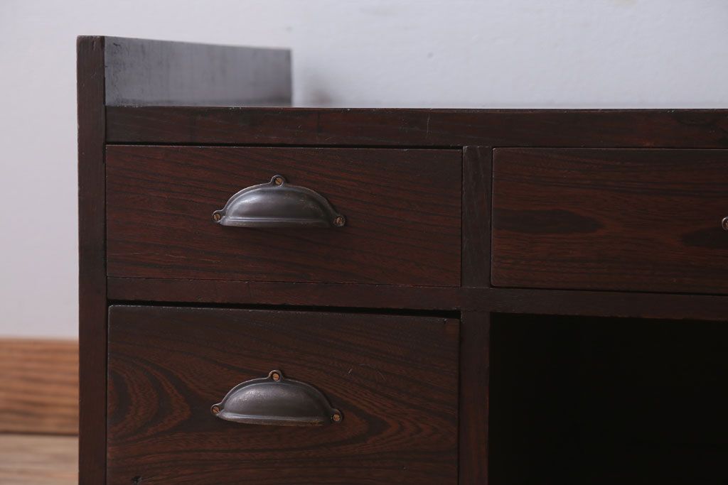 アンティーク家具　古民具・骨董　明治〜大正期　総欅材のアンティーク座机(両袖机)