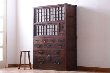 アンティーク家具　古民具・骨董　前面欅材!和紙張り引き戸のアンティーク茶箪笥