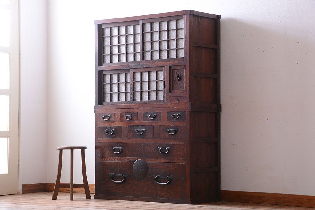 アンティーク家具　古民具・骨董　前面欅材!和紙張り引き戸のアンティーク茶箪笥