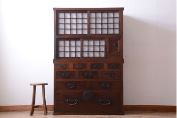 アンティーク家具　古民具・骨董　前面欅材!和紙張り引き戸のアンティーク茶箪笥