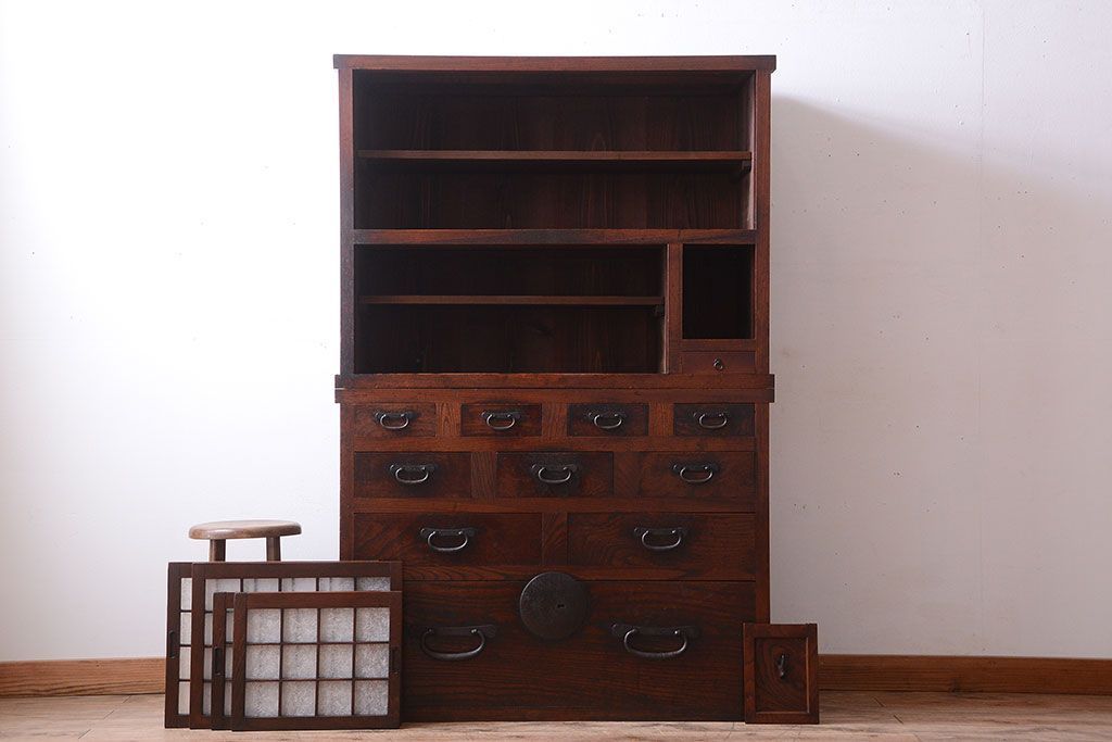 アンティーク家具　古民具・骨董　前面欅材!和紙張り引き戸のアンティーク茶箪笥