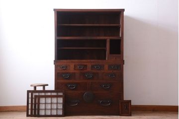 アンティーク家具　古民具・骨董　前面欅材!和紙張り引き戸のアンティーク茶箪笥