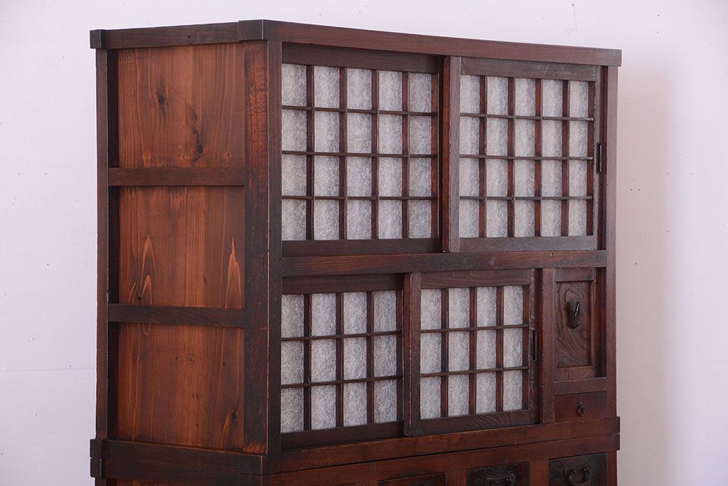 アンティーク家具　古民具・骨董　前面欅材!和紙張り引き戸のアンティーク茶箪笥