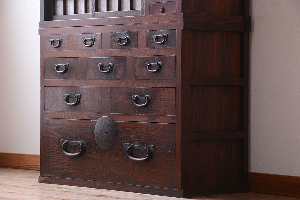 アンティーク家具　古民具・骨董　前面欅材!和紙張り引き戸のアンティーク茶箪笥