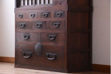 アンティーク家具　古民具・骨董　前面欅材!和紙張り引き戸のアンティーク茶箪笥