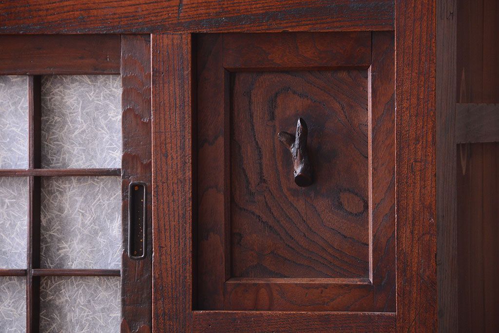 アンティーク家具　古民具・骨董　前面欅材!和紙張り引き戸のアンティーク茶箪笥