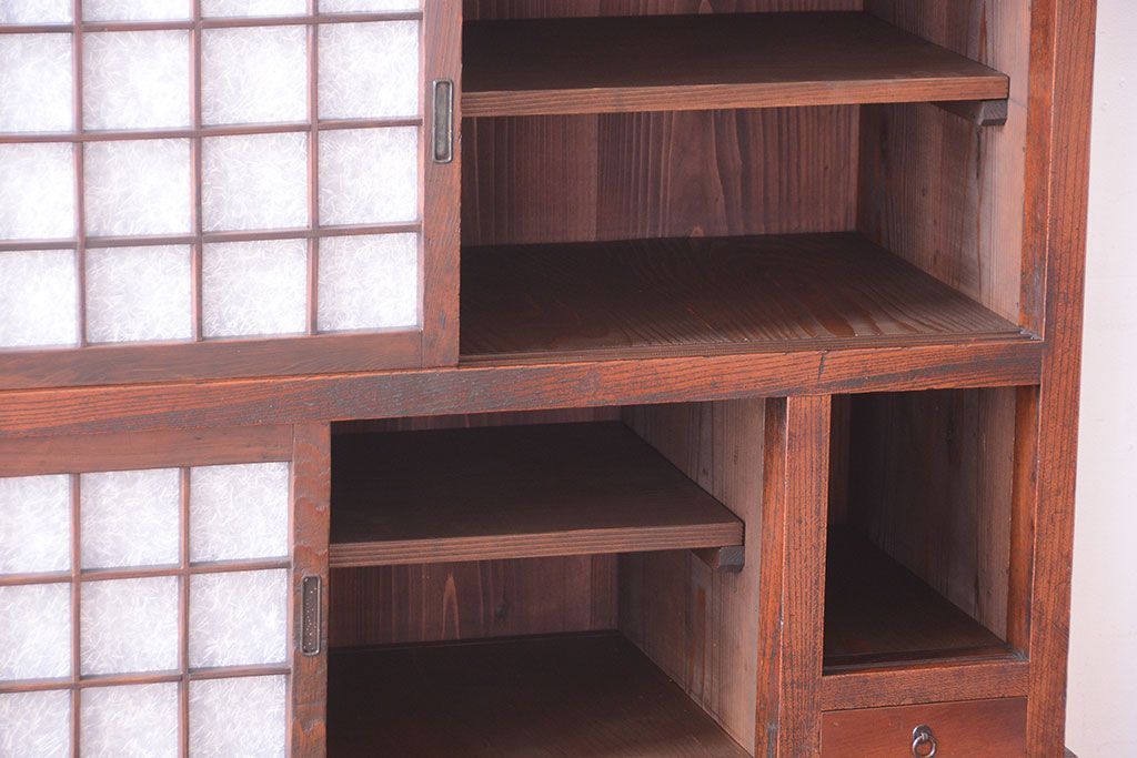 アンティーク家具　古民具・骨董　前面欅材!和紙張り引き戸のアンティーク茶箪笥