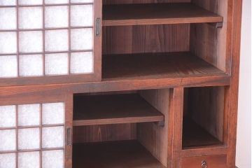 アンティーク家具　古民具・骨董　前面欅材!和紙張り引き戸のアンティーク茶箪笥