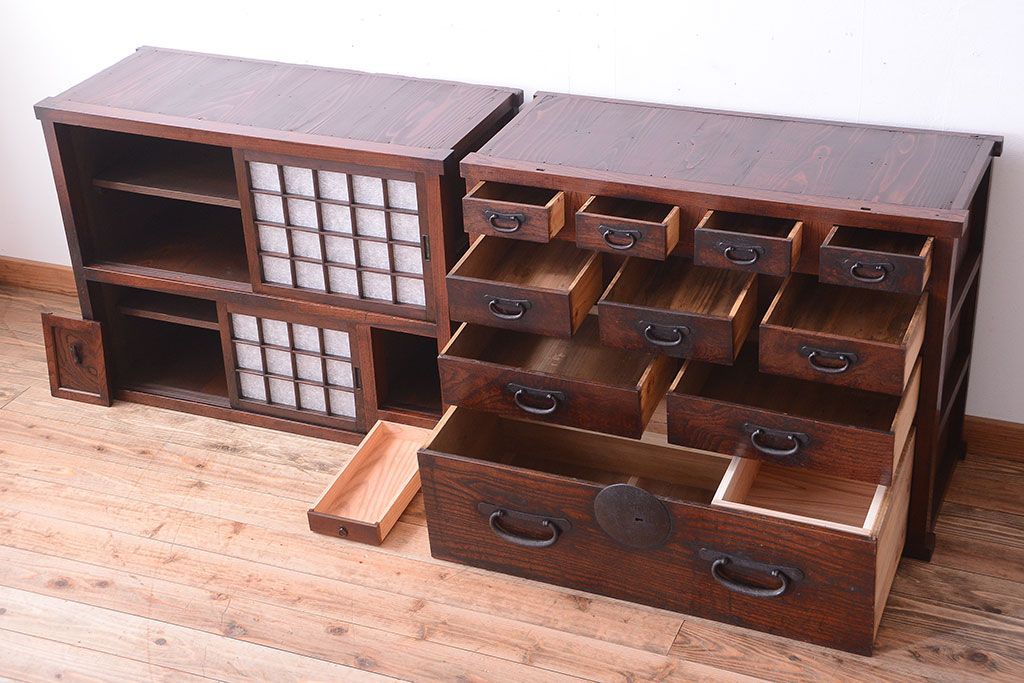 アンティーク家具　古民具・骨董　前面欅材!和紙張り引き戸のアンティーク茶箪笥