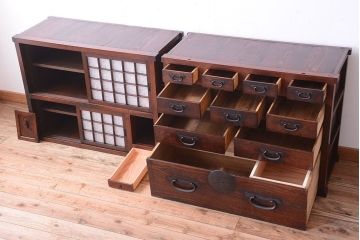 アンティーク家具　古民具・骨董　前面欅材!和紙張り引き戸のアンティーク茶箪笥