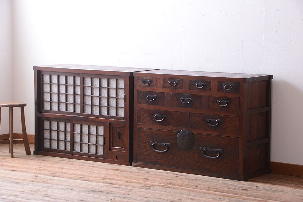 アンティーク家具　古民具・骨董　前面欅材!和紙張り引き戸のアンティーク茶箪笥