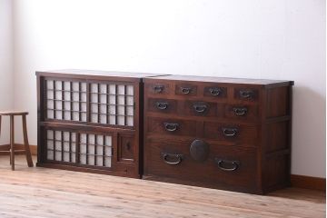 アンティーク家具　古民具・骨董　前面欅材!和紙張り引き戸のアンティーク茶箪笥