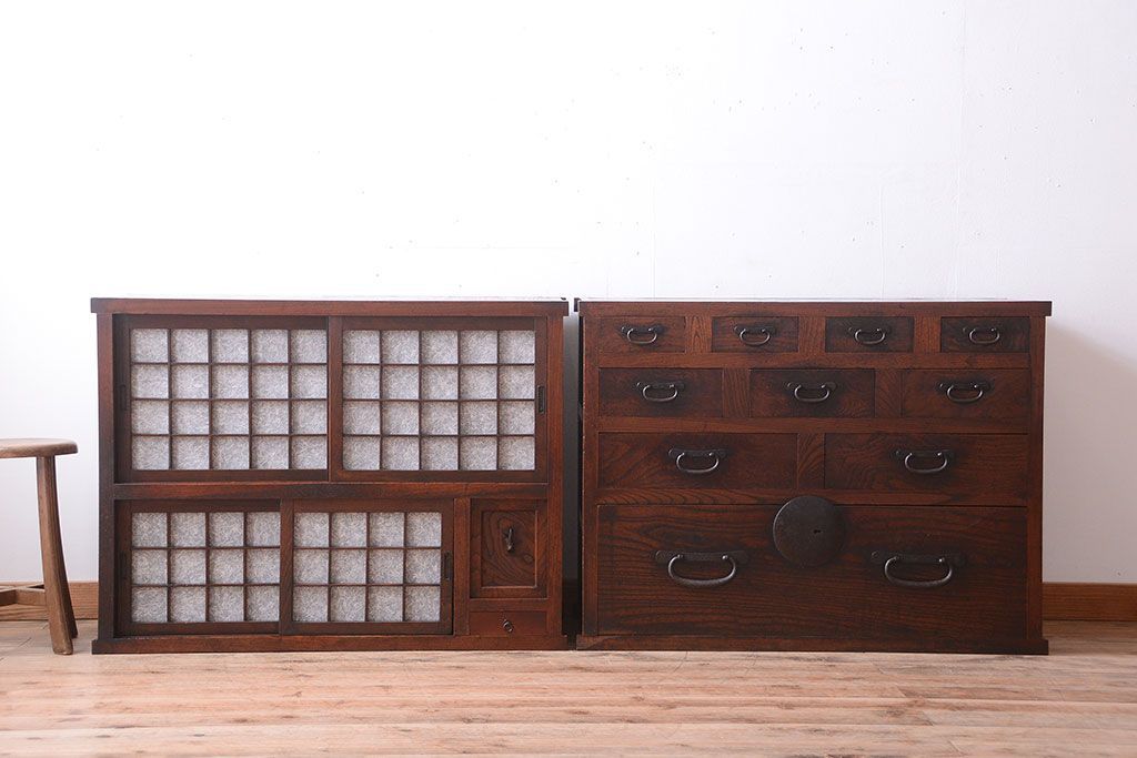 アンティーク家具　古民具・骨董　前面欅材!和紙張り引き戸のアンティーク茶箪笥