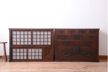 アンティーク家具　古民具・骨董　前面欅材!和紙張り引き戸のアンティーク茶箪笥
