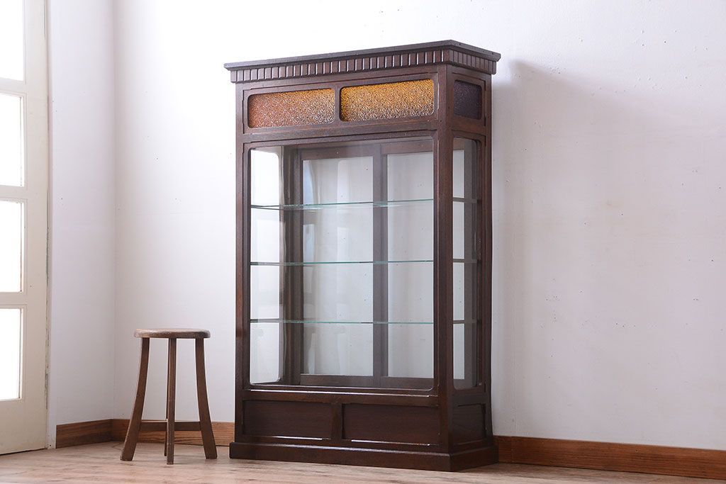 アンティーク家具　大正ロマン　当時物色ガラス入り!古いナラ材の上質なショーケース