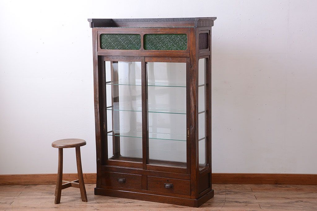 アンティーク家具　大正ロマン　当時物色ガラス入り!古いナラ材の上質なショーケース