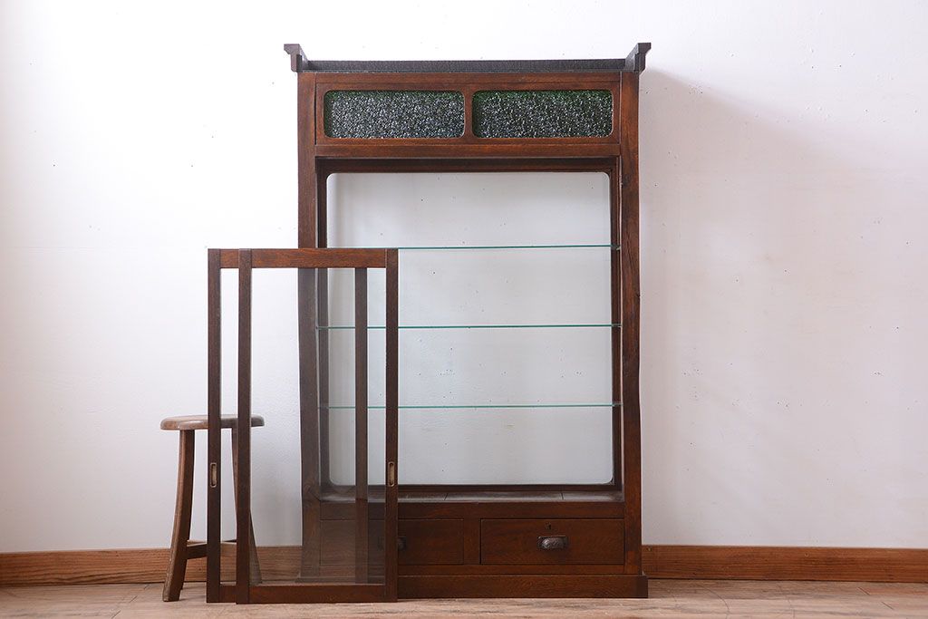 アンティーク家具　大正ロマン　当時物色ガラス入り!古いナラ材の上質なショーケース