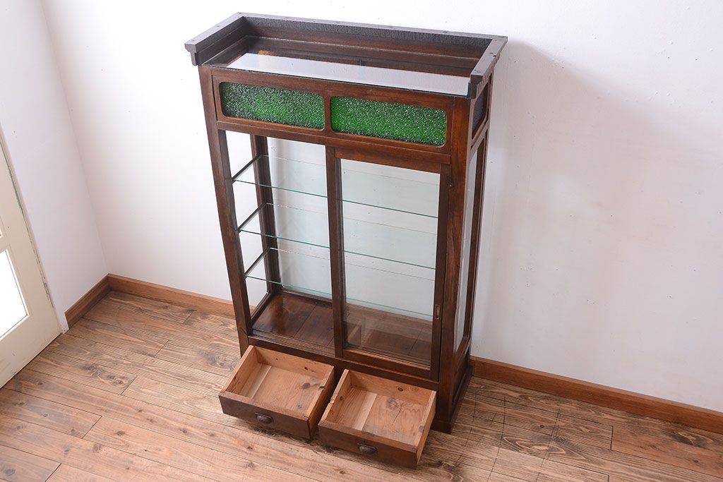 アンティーク家具　大正ロマン　当時物色ガラス入り!古いナラ材の上質なショーケース