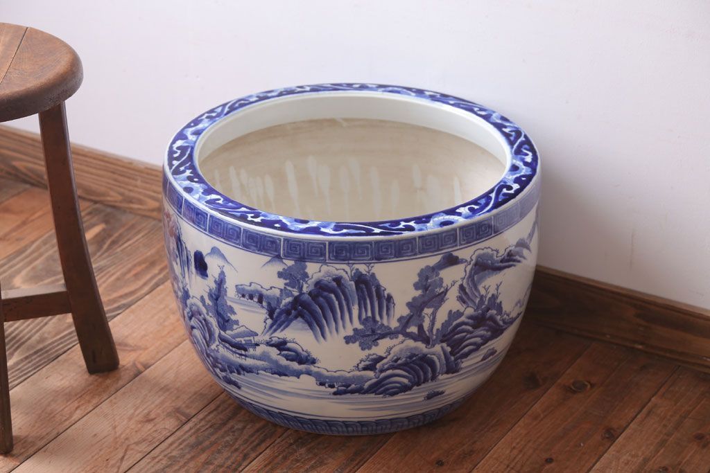 アンティーク雑貨　古民具・骨董　山水の図　染付　アンティーク瀬戸火鉢
