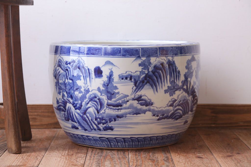 アンティーク雑貨　古民具・骨董　山水の図　染付　アンティーク瀬戸火鉢