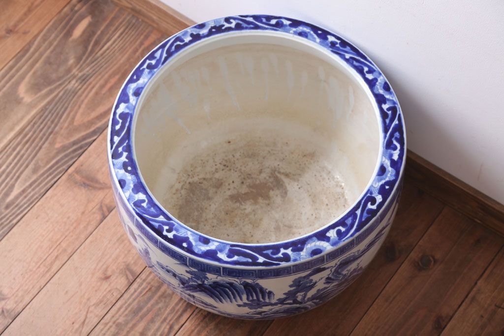 アンティーク雑貨　古民具・骨董　山水の図　染付　アンティーク瀬戸火鉢