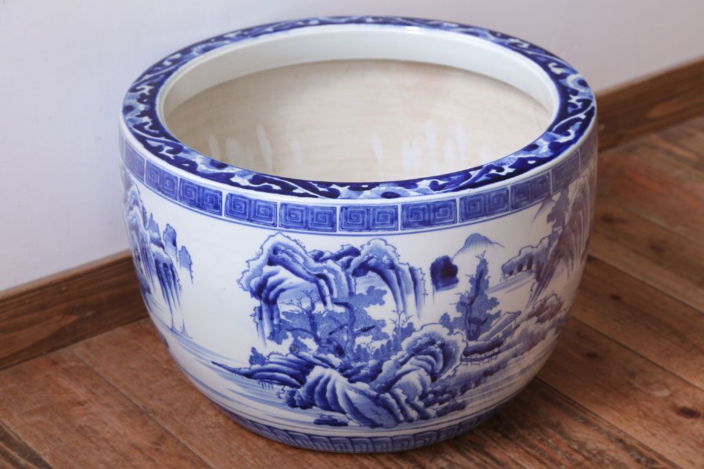 アンティーク雑貨　古民具・骨董　山水の図　染付　アンティーク瀬戸火鉢