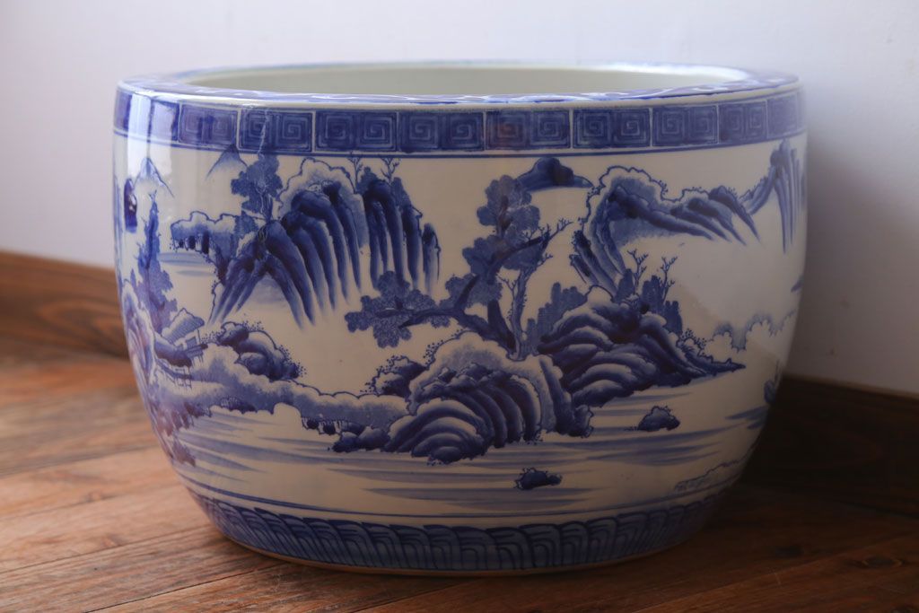 アンティーク雑貨　古民具・骨董　山水の図　染付　アンティーク瀬戸火鉢