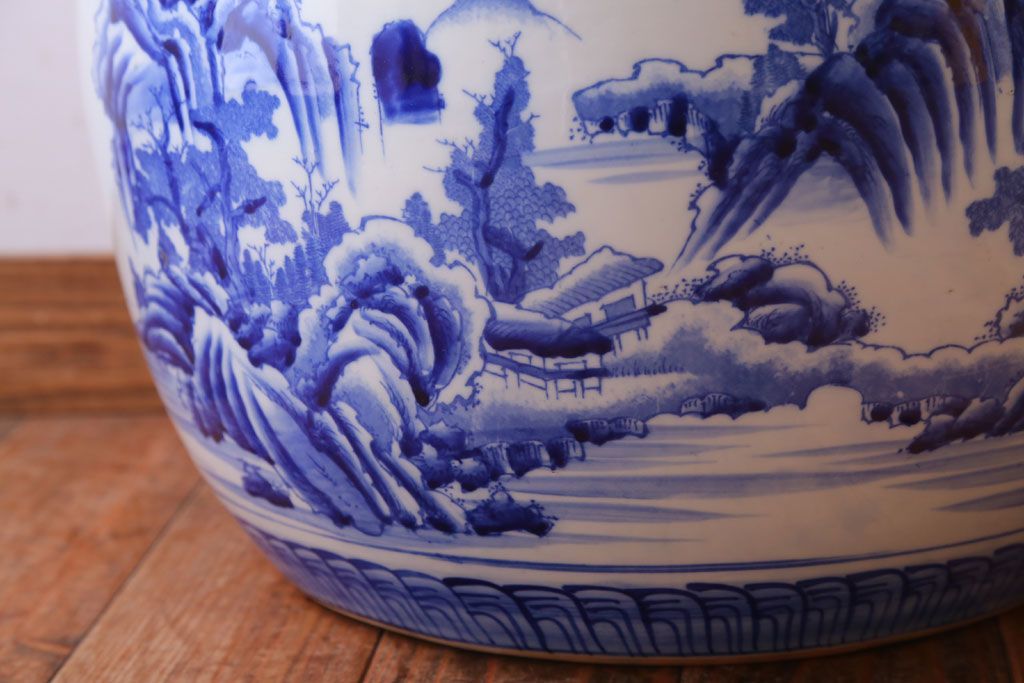 アンティーク雑貨　古民具・骨董　山水の図　染付　アンティーク瀬戸火鉢