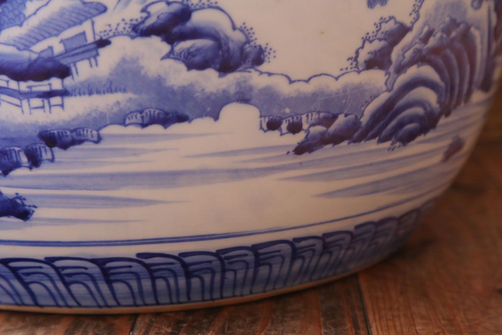 アンティーク雑貨　古民具・骨董　山水の図　染付　アンティーク瀬戸火鉢