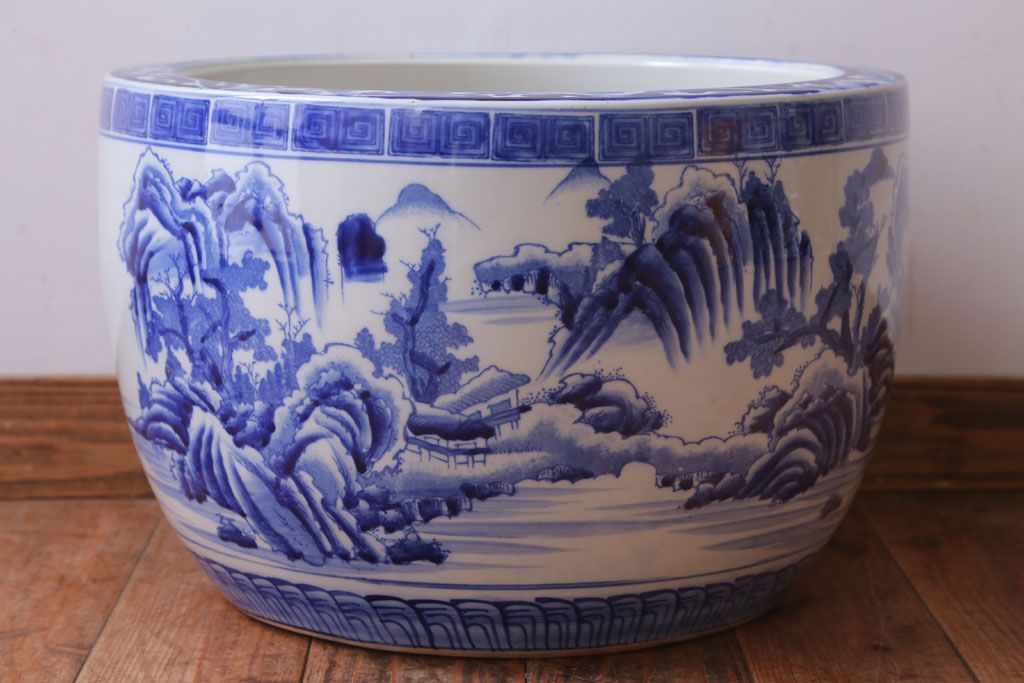 アンティーク雑貨　古民具・骨董　山水の図　染付　アンティーク瀬戸火鉢