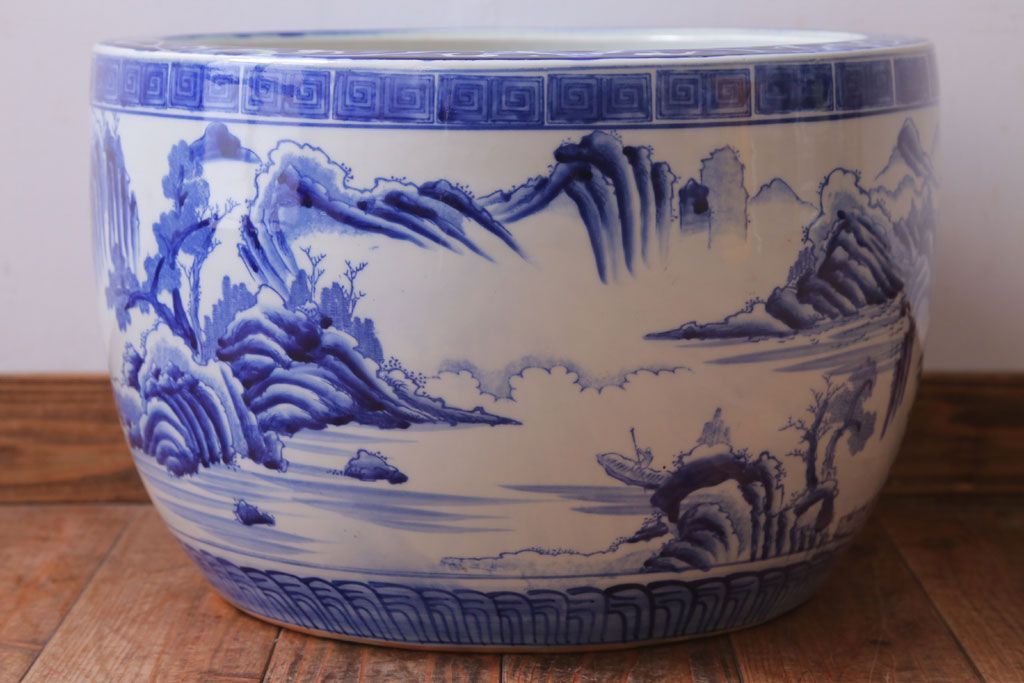 アンティーク雑貨　古民具・骨董　山水の図　染付　アンティーク瀬戸火鉢