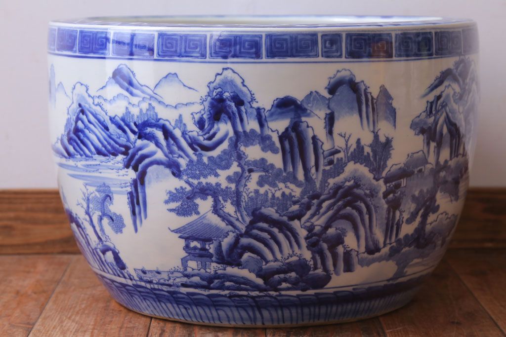 アンティーク雑貨　古民具・骨董　山水の図　染付　アンティーク瀬戸火鉢