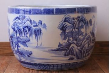 アンティーク雑貨　古民具・骨董　山水の図　染付　アンティーク瀬戸火鉢