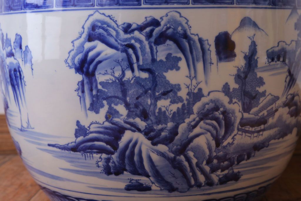 アンティーク雑貨　古民具・骨董　山水の図　染付　アンティーク瀬戸火鉢