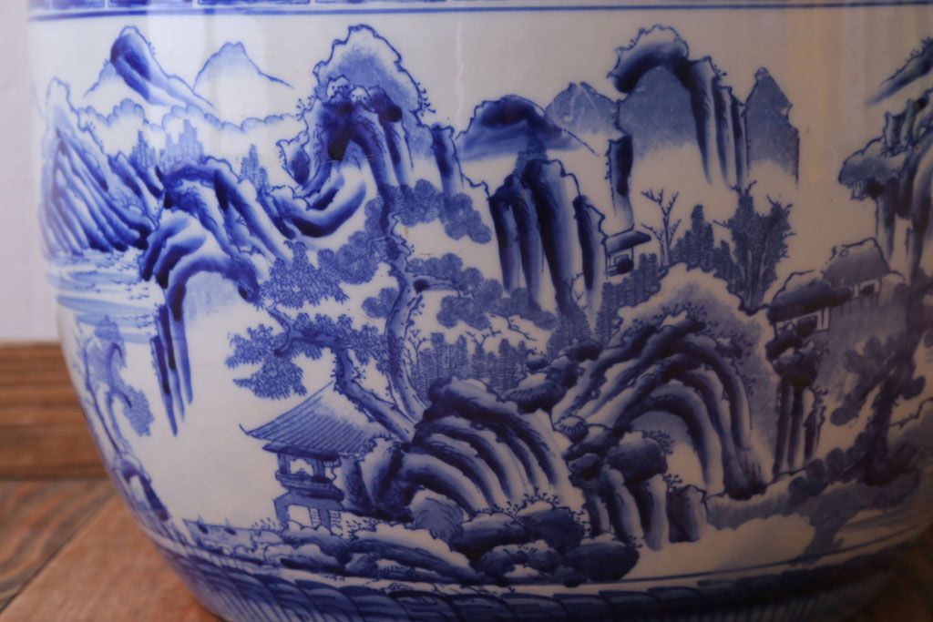 アンティーク雑貨　古民具・骨董　山水の図　染付　アンティーク瀬戸火鉢