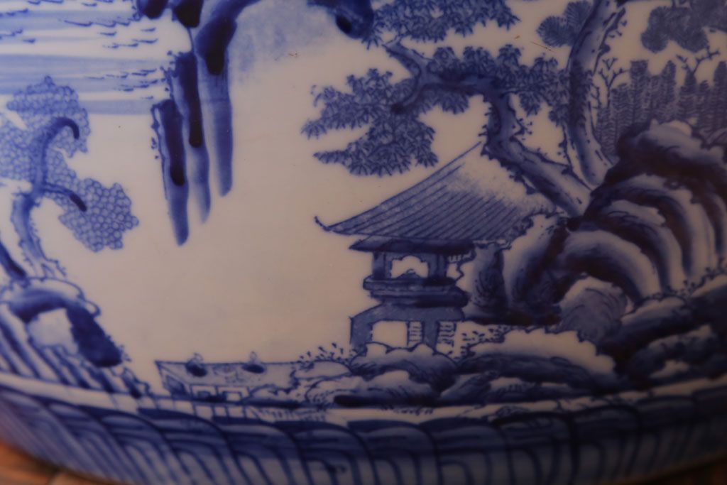 アンティーク雑貨　古民具・骨董　山水の図　染付　アンティーク瀬戸火鉢