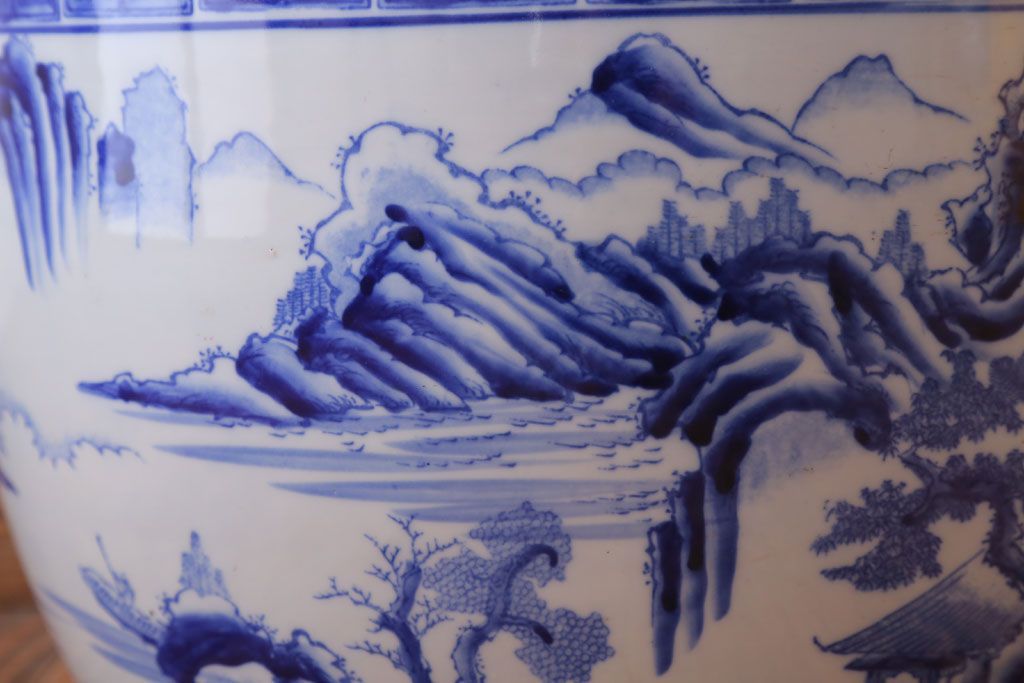 アンティーク雑貨　古民具・骨董　山水の図　染付　アンティーク瀬戸火鉢