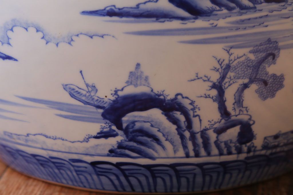 アンティーク雑貨　古民具・骨董　山水の図　染付　アンティーク瀬戸火鉢