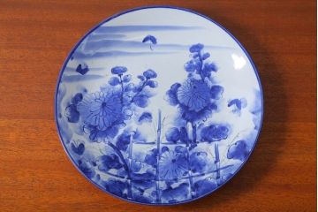 アンティーク雑貨　古民具・骨董　明治〜大正期　一尺三寸　花蝶染付大皿