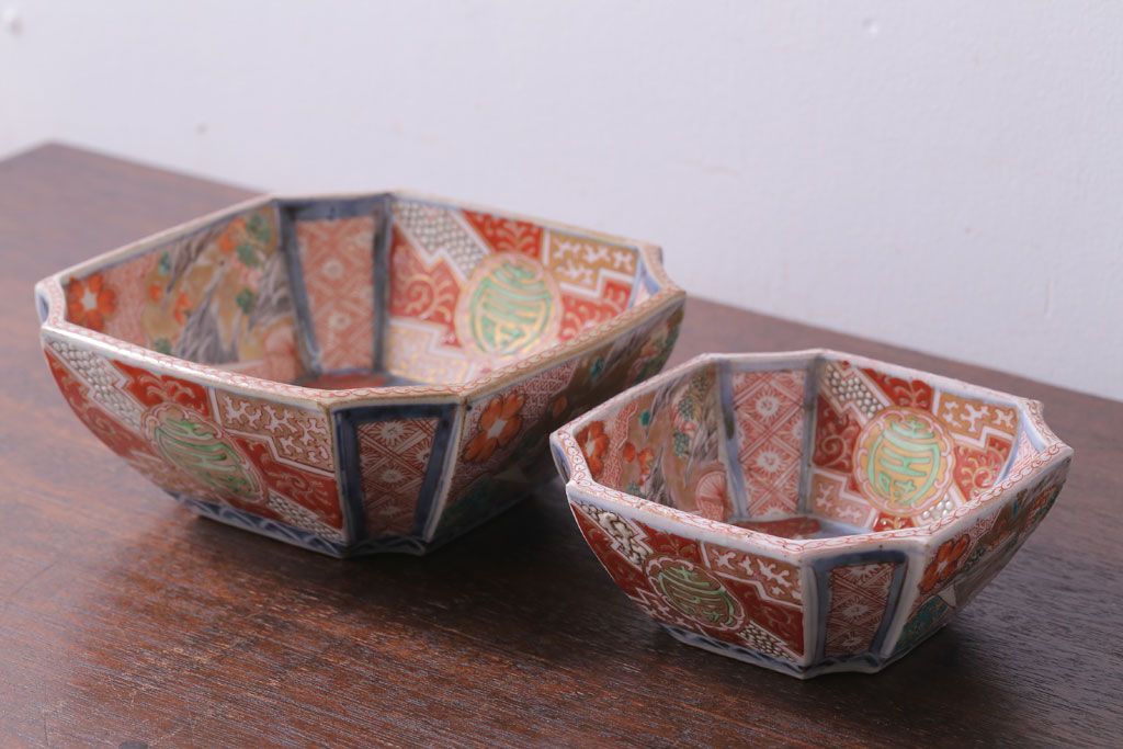 アンティーク雑貨　アンティーク　江戸期　色絵染付八角深鉢2点(伊万里皿)